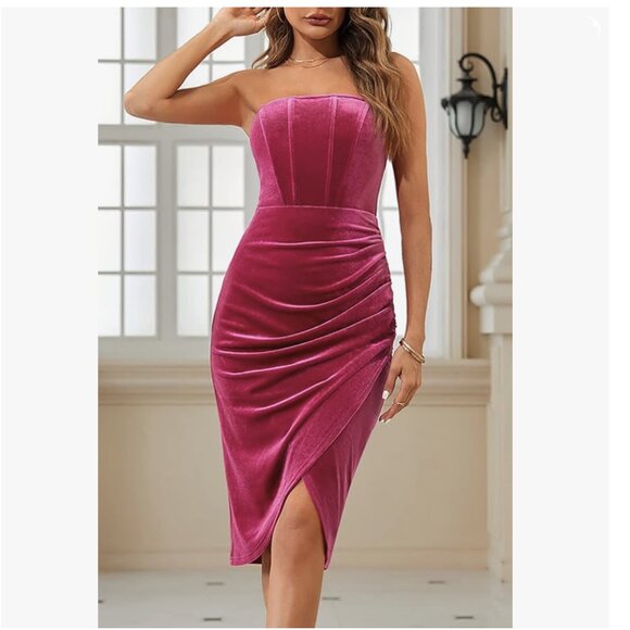 Velvet Bodycon Ruched Dress Strapless Corset Tube Asymmetrical Silt Midi Dress - Picture 6 of 13